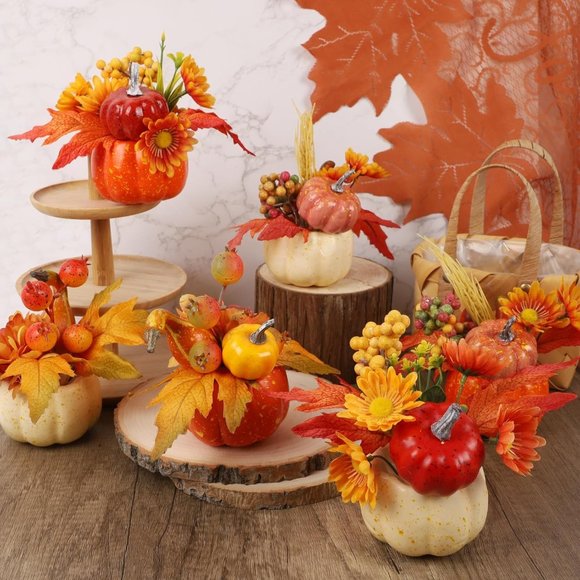 Decorations Set of 6 Artificial Pumpkins, Decorative Pumpkin with Maple Flower - Picture 3 of 7